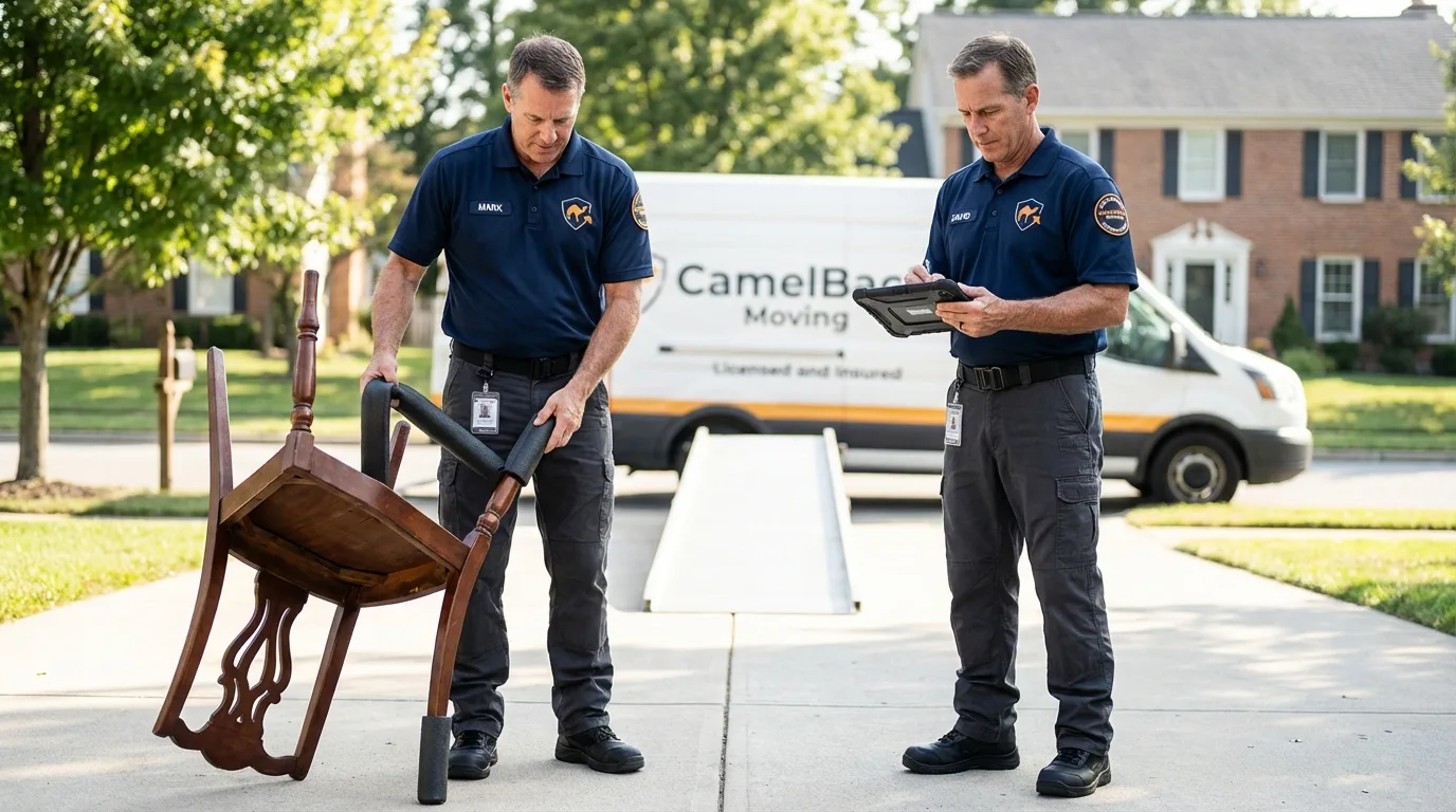 Movers inspecting furniture for damage prevention before loading in Wood Dale, IL