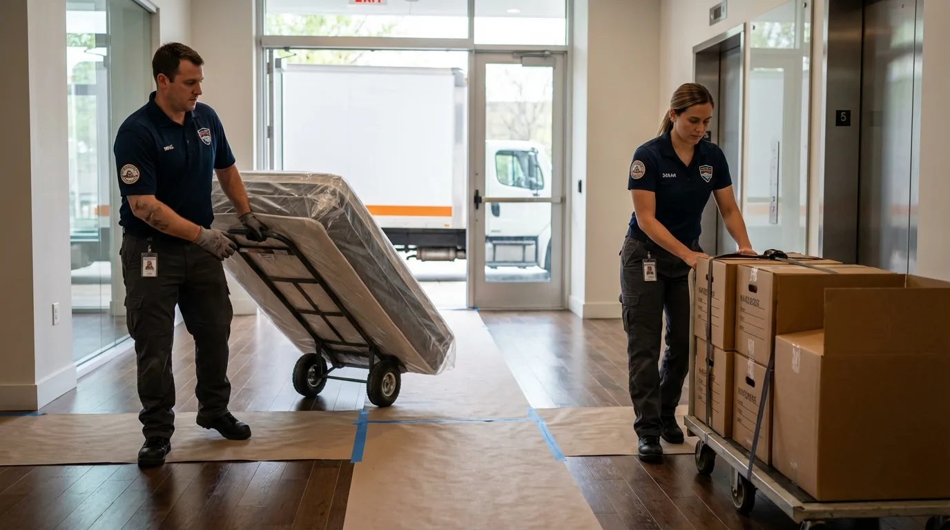 Professional apartment movers loading elevator in Wood Dale, IL
