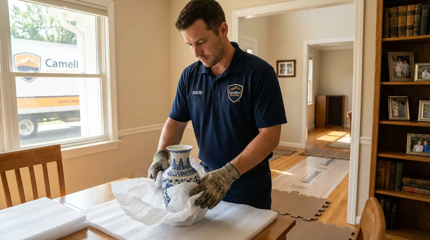 Professional crew carefully wrapping antique vase for senior downsizing move in Wood Dale, IL